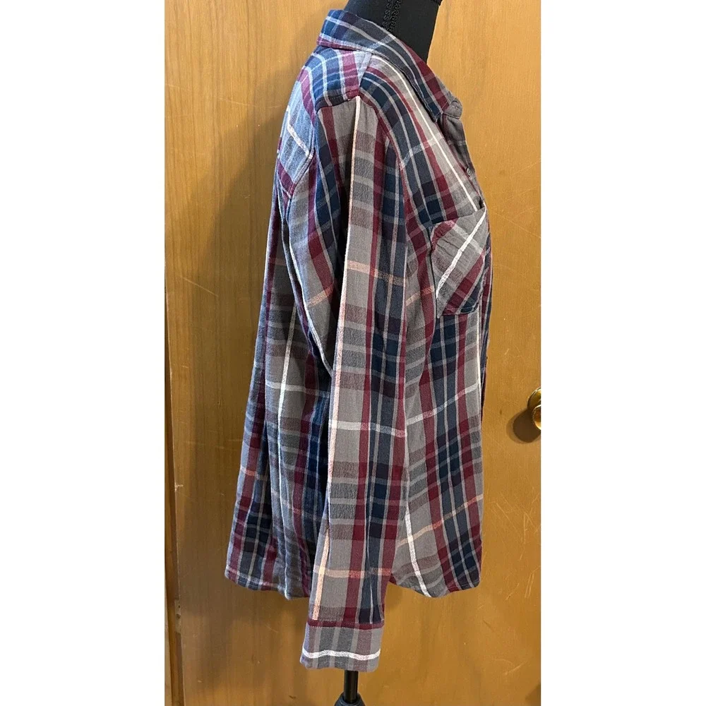 Lucky Brand Plaid Button Front Flannel Shirt Women's Large Gray Burgundy Blue - Picture 7 of 7